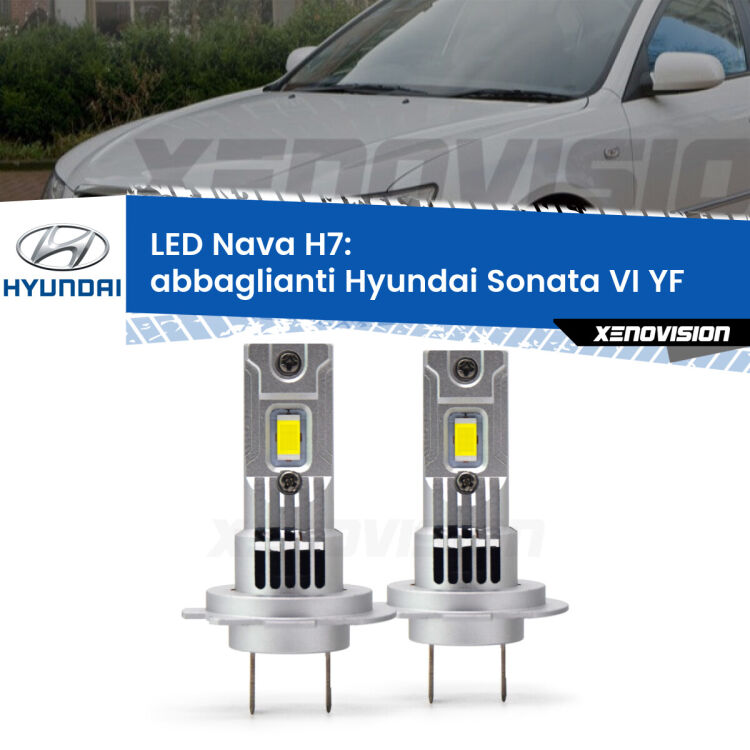 <strong>Abbaglianti LED no-spie per Hyundai Sonata VI</strong> YF 2009-2015. Coppia lampade <strong>H7</strong> modello Nava canbus, raffreddate a ventola.