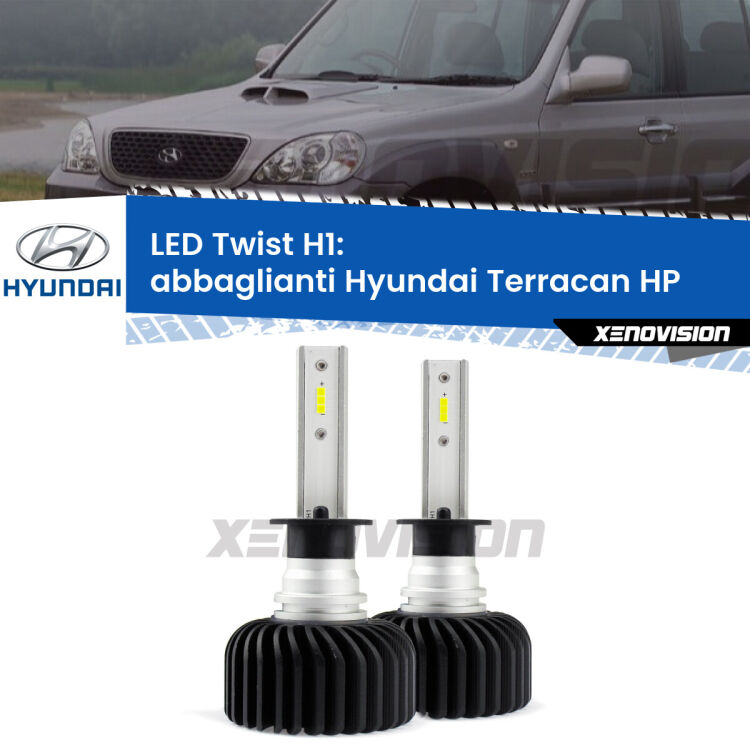 <strong>Kit abbaglianti LED</strong> H1 per <strong>Hyundai Terracan</strong> HP 2001-2006. Compatte, impermeabili, senza ventola: praticamente indistruttibili. Top Quality.