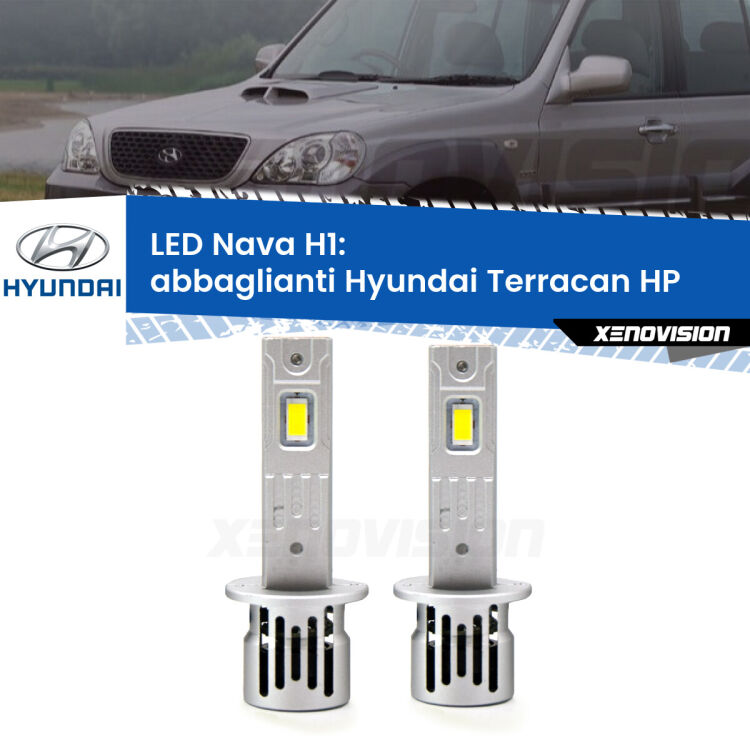 <strong>Abbaglianti LED no-spie per Hyundai Terracan</strong> HP 2001-2006. Coppia lampade <strong> H1</strong> modello Nava canbus, raffreddate a ventola.