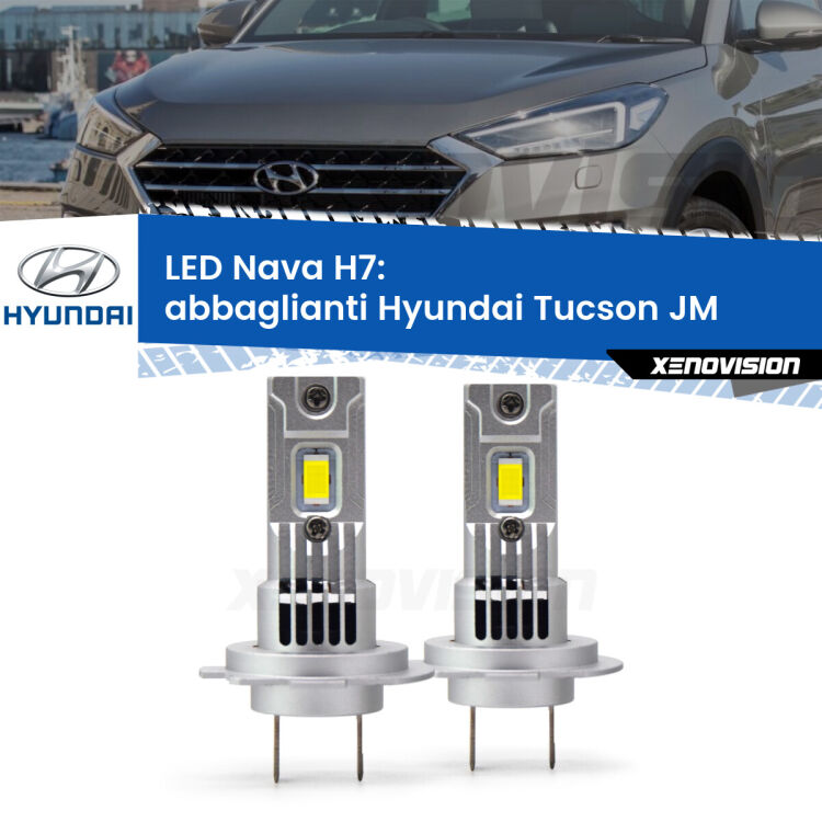 <strong>Abbaglianti LED no-spie per Hyundai Tucson</strong> JM 2004-2013. Coppia lampade <strong>H7</strong> modello Nava canbus, raffreddate a ventola.