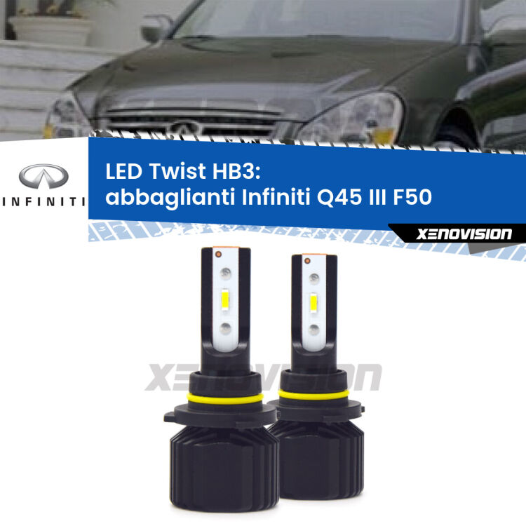 <strong>Kit abbaglianti LED</strong> HB3 per <strong>Infiniti Q45 III</strong> F50 2001 -2006. Compatte, impermeabili, senza ventola: praticamente indistruttibili. Top Quality.