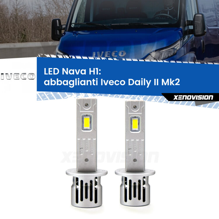 <strong>Abbaglianti LED no-spie per Iveco Daily II</strong> Mk2 2006 -2011. Coppia lampade <strong> H1</strong> modello Nava canbus, raffreddate a ventola.