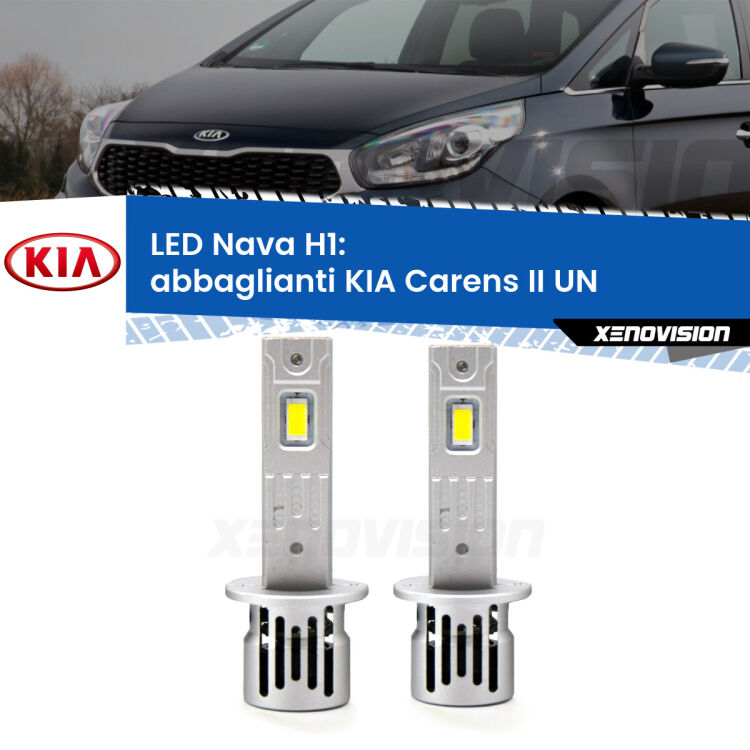 <strong>Abbaglianti LED no-spie per KIA Carens II</strong> UN 2006 -2011. Coppia lampade <strong> H1</strong> modello Nava canbus, raffreddate a ventola.