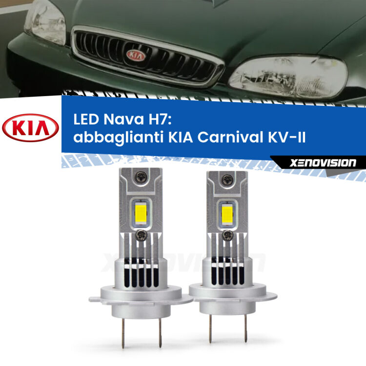 <strong>Abbaglianti LED no-spie per KIA Carnival</strong> KV-II 1998 -2004. Coppia lampade <strong>H7</strong> modello Nava canbus, raffreddate a ventola.