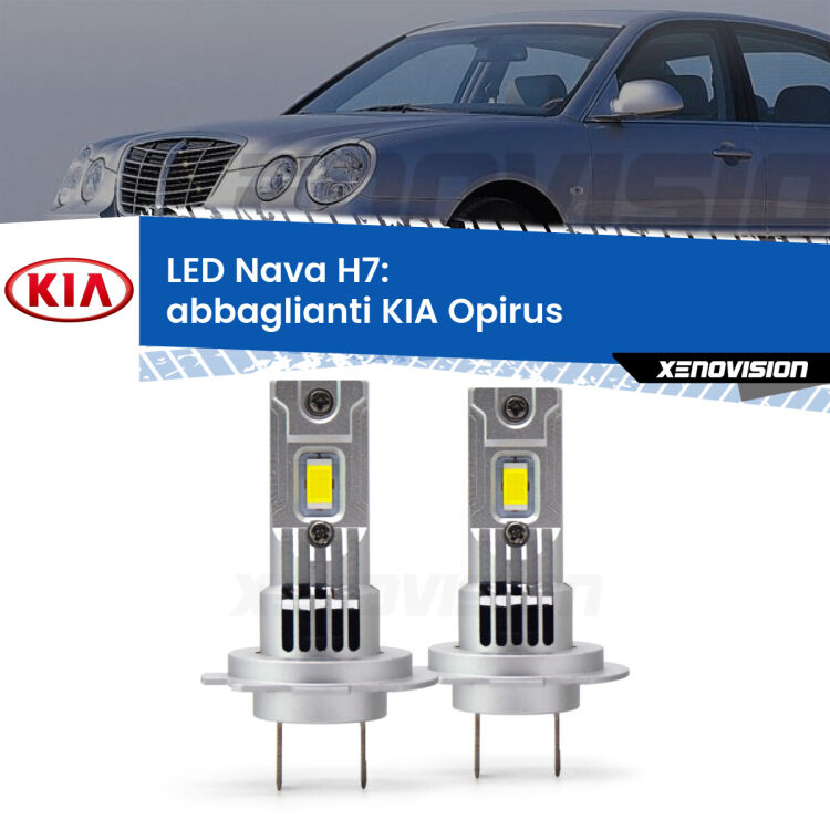 <strong>Abbaglianti LED no-spie per KIA Opirus</strong>  2003 -2011. Coppia lampade <strong>H7</strong> modello Nava canbus, raffreddate a ventola.