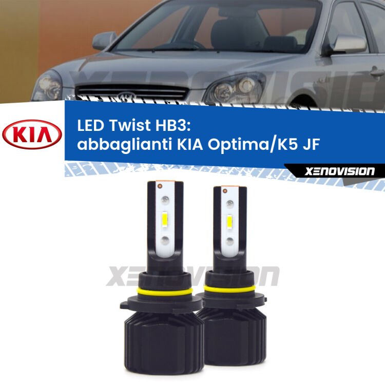 <strong>Kit abbaglianti LED</strong> HB3 per <strong>KIA Optima/K5</strong> JF 2015 -2018. Compatte, impermeabili, senza ventola: praticamente indistruttibili. Top Quality.