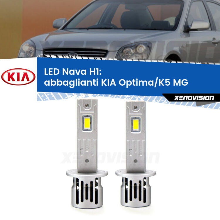 <strong>Abbaglianti LED no-spie per KIA Optima/K5</strong> MG 2005 -2009. Coppia lampade <strong> H1</strong> modello Nava canbus, raffreddate a ventola.