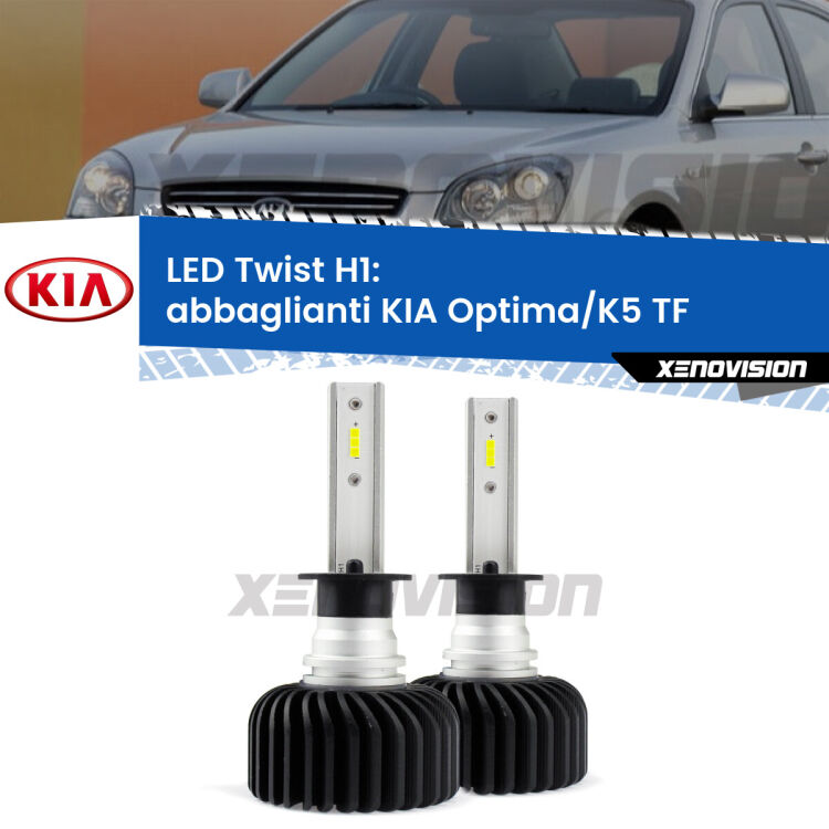 <strong>Kit abbaglianti LED</strong> H1 per <strong>KIA Optima/K5</strong> TF 2010 -2013. Compatte, impermeabili, senza ventola: praticamente indistruttibili. Top Quality.