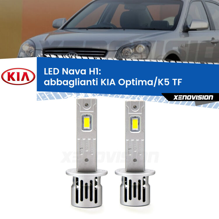 <strong>Abbaglianti LED no-spie per KIA Optima/K5</strong> TF 2010 -2013. Coppia lampade <strong> H1</strong> modello Nava canbus, raffreddate a ventola.