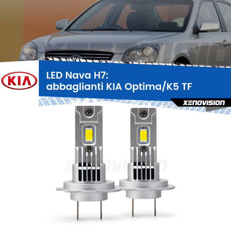 <strong>Abbaglianti LED no-spie per KIA Optima/K5</strong> TF 2013 -2014. Coppia lampade <strong>H7</strong> modello Nava canbus, raffreddate a ventola.