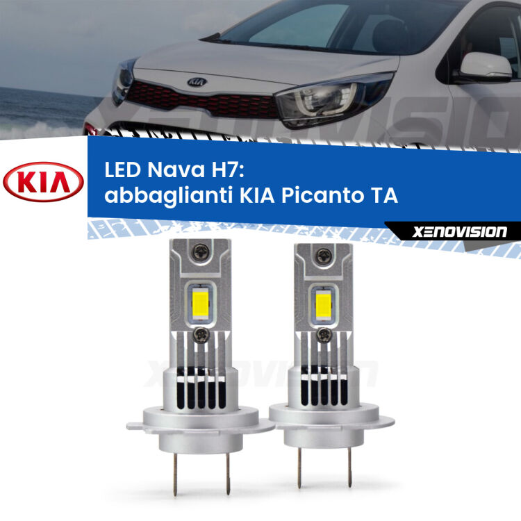 <strong>Abbaglianti LED no-spie per KIA Picanto</strong> TA 2011 -2016. Coppia lampade <strong>H7</strong> modello Nava canbus, raffreddate a ventola.