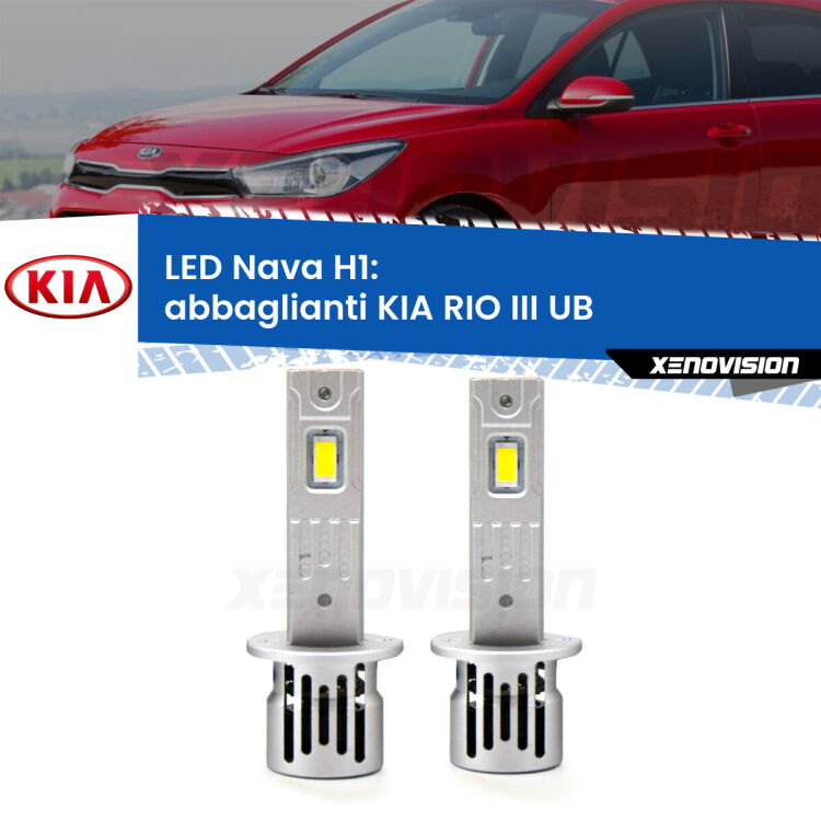 <strong>Abbaglianti LED no-spie per KIA RIO III</strong> UB 2011-2016. Coppia lampade <strong> H1</strong> modello Nava canbus, raffreddate a ventola.