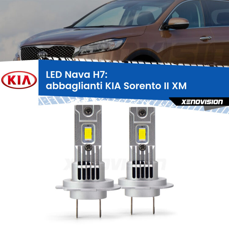 <strong>Abbaglianti LED no-spie per KIA Sorento II</strong> XM 2013 -2014. Coppia lampade <strong>H7</strong> modello Nava canbus, raffreddate a ventola.