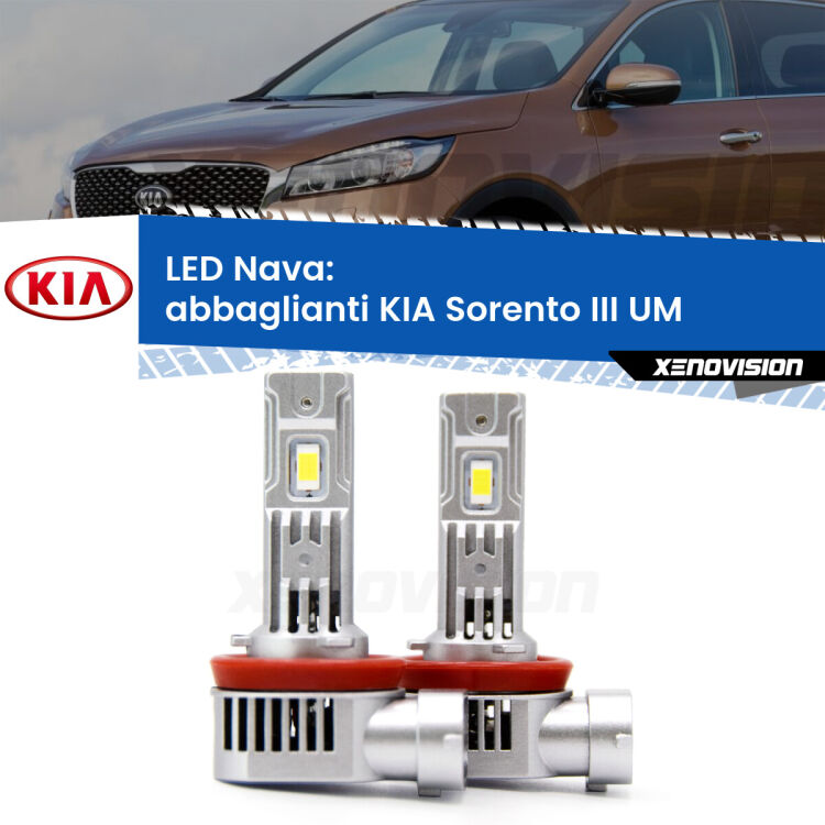 <strong>Abbaglianti LED no-spie per KIA Sorento III</strong> UM 2015 in poi. Coppia lampade <strong>H11</strong>/H9/H8/H16(JP) modello Nava canbus, raffreddate a ventola.