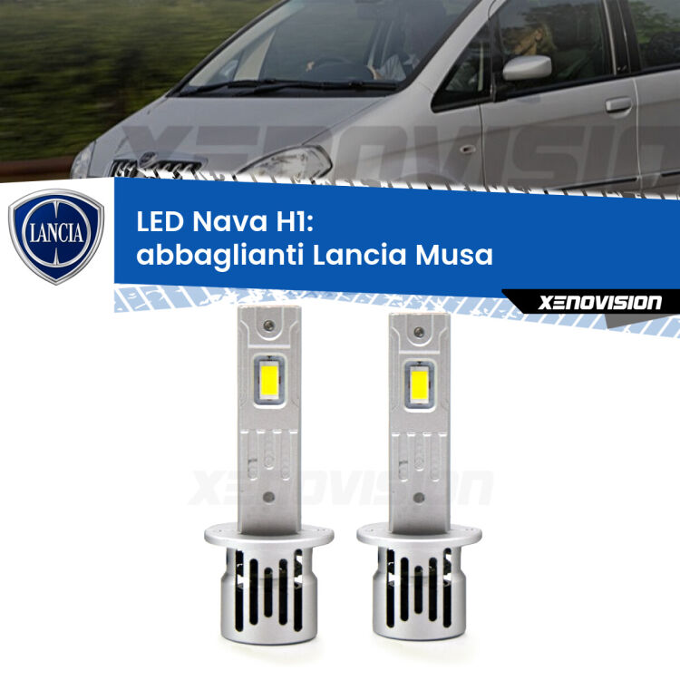 <strong>Abbaglianti LED no-spie per Lancia Musa</strong>  2004 -2007. Coppia lampade <strong> H1</strong> modello Nava canbus, raffreddate a ventola.