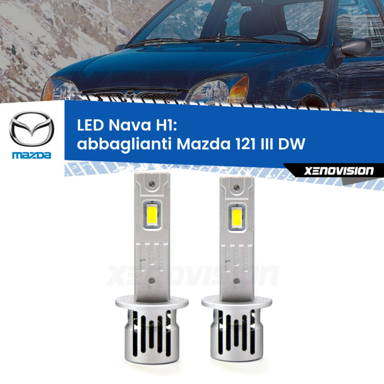 <strong>Abbaglianti LED no-spie per Mazda 121 III</strong> DW 1996 -1999. Coppia lampade <strong> H1</strong> modello Nava canbus, raffreddate a ventola.