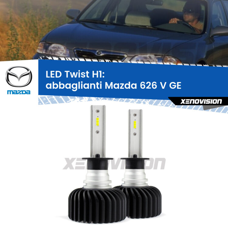 <strong>Kit abbaglianti LED</strong> H1 per <strong>Mazda 626 V</strong> GE 1992 -1997. Compatte, impermeabili, senza ventola: praticamente indistruttibili. Top Quality.