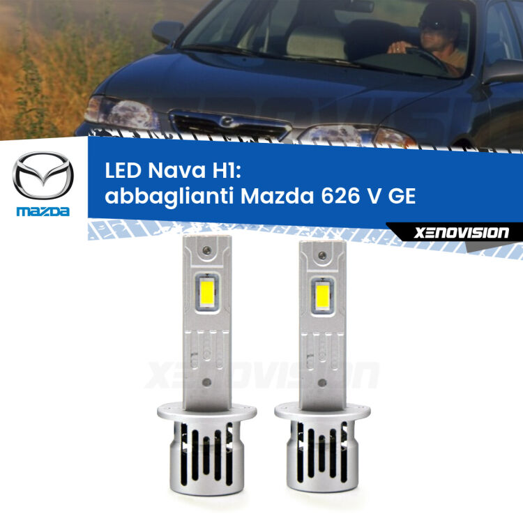 <strong>Abbaglianti LED no-spie per Mazda 626 V</strong> GE 1992 -1997. Coppia lampade <strong> H1</strong> modello Nava canbus, raffreddate a ventola.