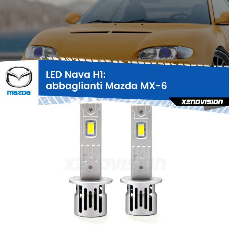 <strong>Abbaglianti LED no-spie per Mazda MX-6</strong>  1992 -1997. Coppia lampade <strong> H1</strong> modello Nava canbus, raffreddate a ventola.