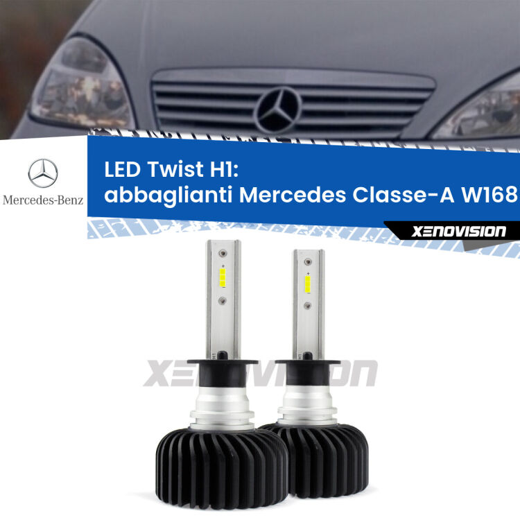 <strong>Kit abbaglianti LED</strong> H1 per <strong>Mercedes Classe-A</strong> W168 1997 -2004. Compatte, impermeabili, senza ventola: praticamente indistruttibili. Top Quality.