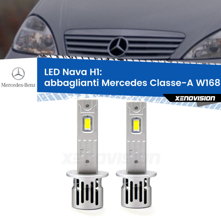 <strong>Abbaglianti LED no-spie per Mercedes Classe-A</strong> W168 1997 -2004. Coppia lampade <strong> H1</strong> modello Nava canbus, raffreddate a ventola.