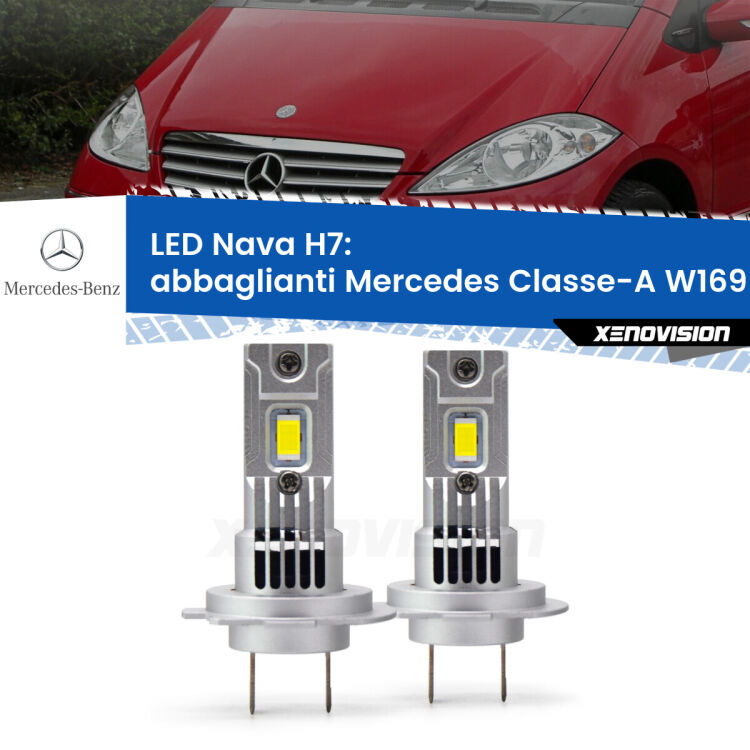 <strong>Abbaglianti LED no-spie per Mercedes Classe-A</strong> W169 2004 -2012. Coppia lampade <strong>H7</strong> modello Nava canbus, raffreddate a ventola.