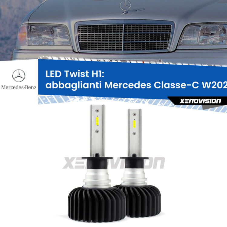 <strong>Kit abbaglianti LED</strong> H1 per <strong>Mercedes Classe-C</strong> W202 1993 -2000. Compatte, impermeabili, senza ventola: praticamente indistruttibili. Top Quality.