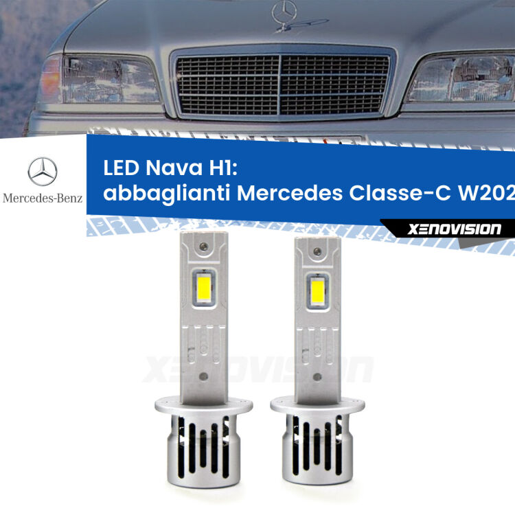 <strong>Abbaglianti LED no-spie per Mercedes Classe-C</strong> W202 1993 -2000. Coppia lampade <strong> H1</strong> modello Nava canbus, raffreddate a ventola.