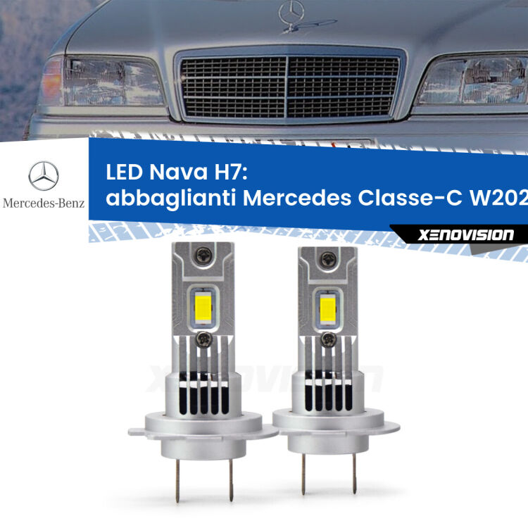 <strong>Abbaglianti LED no-spie per Mercedes Classe-C</strong> W202 con fari Xenon. Coppia lampade <strong>H7</strong> modello Nava canbus, raffreddate a ventola.