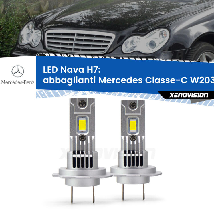 <strong>Abbaglianti LED no-spie per Mercedes Classe-C</strong> W203 2000 -2007. Coppia lampade <strong>H7</strong> modello Nava canbus, raffreddate a ventola.