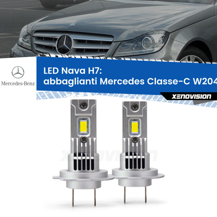 <strong>Abbaglianti LED no-spie per Mercedes Classe-C</strong> W204 fino al 2010, con fari Bi-Xenon. Coppia lampade <strong>H7</strong> modello Nava canbus, raffreddate a ventola.