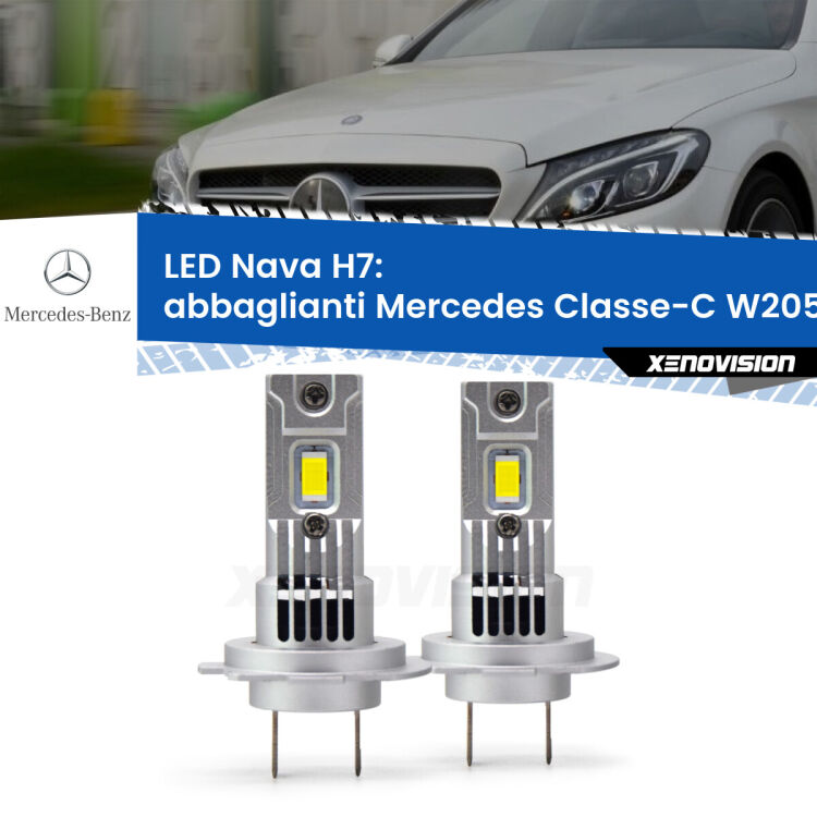 <strong>Abbaglianti LED no-spie per Mercedes Classe-C</strong> W205 2013 -2018. Coppia lampade <strong>H7</strong> modello Nava canbus, raffreddate a ventola.