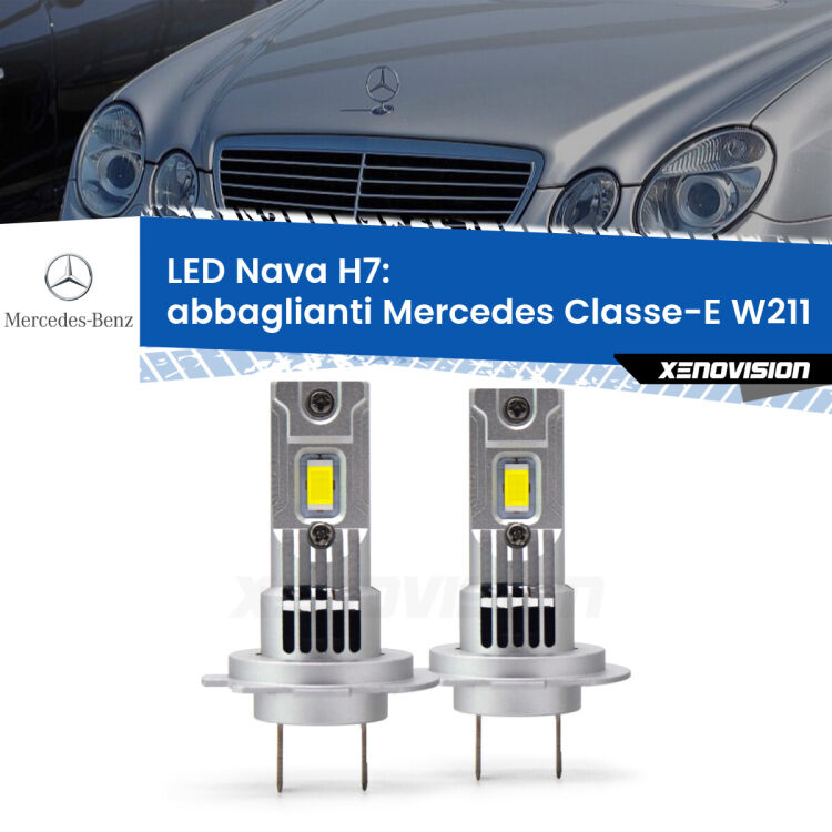 <strong>Abbaglianti LED no-spie per Mercedes Classe-E</strong> W211 2002 -2009. Coppia lampade <strong>H7</strong> modello Nava canbus, raffreddate a ventola.