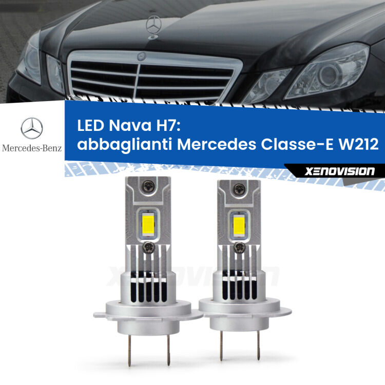 <strong>Abbaglianti LED no-spie per Mercedes Classe-E</strong> W212 2009 -2016. Coppia lampade <strong>H7</strong> modello Nava canbus, raffreddate a ventola.