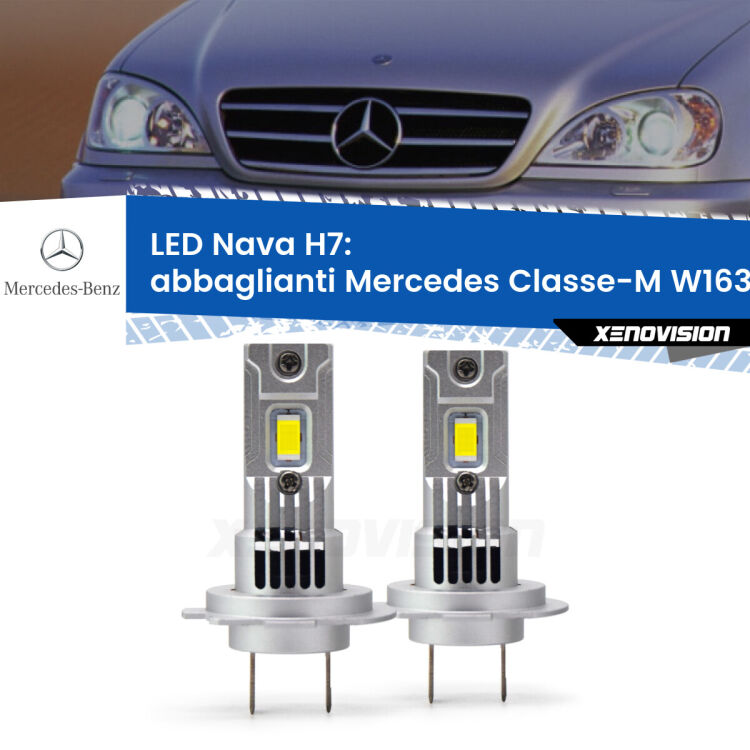 <strong>Abbaglianti LED no-spie per Mercedes Classe-M</strong> W163 2000 -2005. Coppia lampade <strong>H7</strong> modello Nava canbus, raffreddate a ventola.