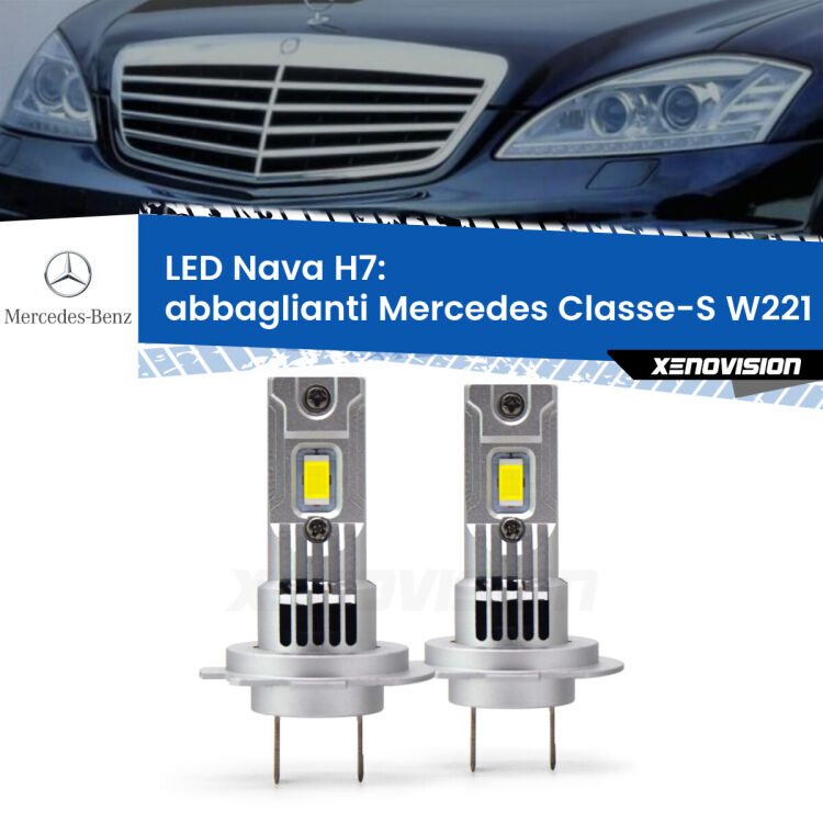 <strong>Abbaglianti LED no-spie per Mercedes Classe-S</strong> W221 Full-beam spotlight con fari Bi-Xenon fino al 2012/2. Coppia lampade <strong>H7</strong> modello Nava canbus, raffreddate a ventola.