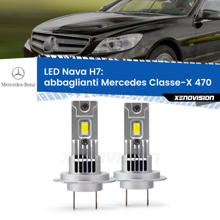 <strong>Abbaglianti LED no-spie per Mercedes Classe-X</strong> 470 2017 in poi. Coppia lampade <strong>H7</strong> modello Nava canbus, raffreddate a ventola.