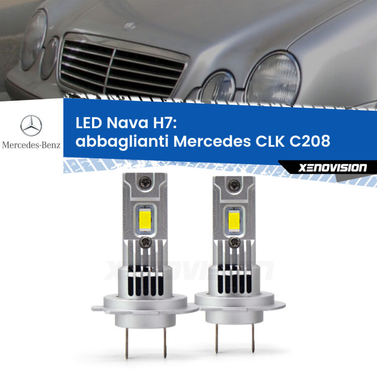 <strong>Abbaglianti LED no-spie per Mercedes CLK</strong> C208 1997 -2002. Coppia lampade <strong>H7</strong> modello Nava canbus, raffreddate a ventola.