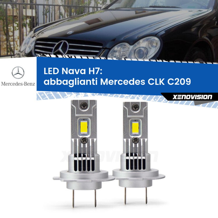 <strong>Abbaglianti LED no-spie per Mercedes CLK</strong> C209 2002 -2009. Coppia lampade <strong>H7</strong> modello Nava canbus, raffreddate a ventola.