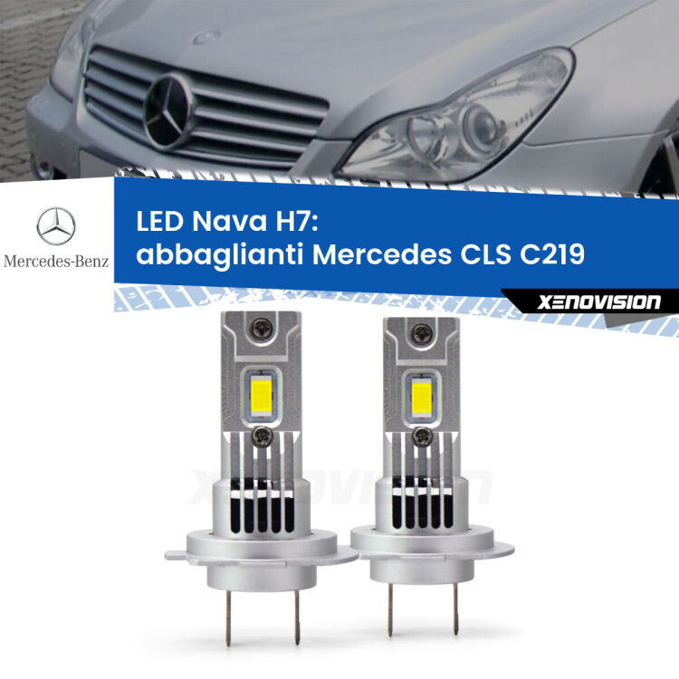 <strong>Abbaglianti LED no-spie per Mercedes CLS</strong> C219 2004-2010. Coppia lampade <strong>H7</strong> modello Nava canbus, raffreddate a ventola.