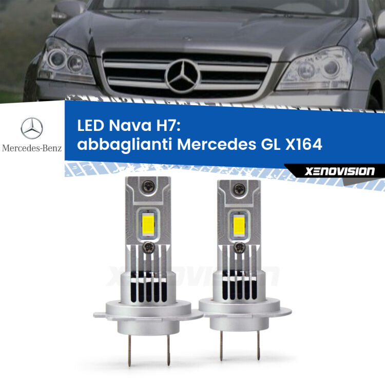 <strong>Abbaglianti LED no-spie per Mercedes GL</strong> X164 2006 -2012. Coppia lampade <strong>H7</strong> modello Nava canbus, raffreddate a ventola.