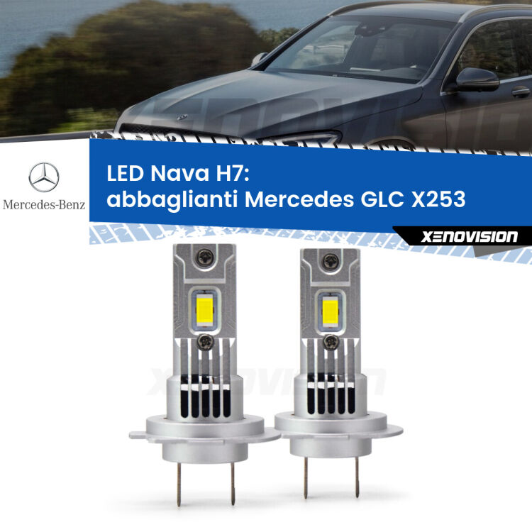 <strong>Abbaglianti LED no-spie per Mercedes GLC</strong> X253 2015-2019. Coppia lampade <strong>H7</strong> modello Nava canbus, raffreddate a ventola.