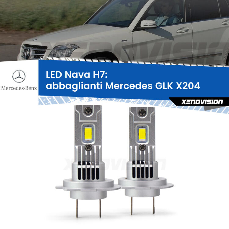 <strong>Abbaglianti LED no-spie per Mercedes GLK</strong> X204 2008 -2012. Coppia lampade <strong>H7</strong> modello Nava canbus, raffreddate a ventola.