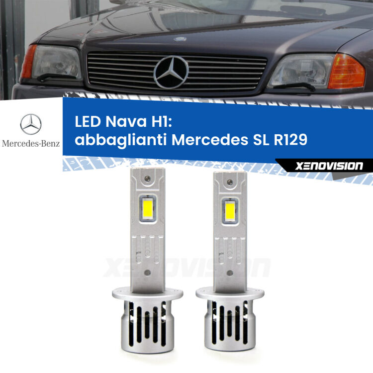 <strong>Abbaglianti LED no-spie per Mercedes SL</strong> R129 con fari Xenon. Coppia lampade <strong> H1</strong> modello Nava canbus, raffreddate a ventola.