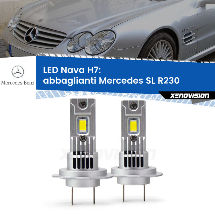 <strong>Abbaglianti LED no-spie per Mercedes SL</strong> R230 2001-2012. Coppia lampade <strong>H7</strong> modello Nava canbus, raffreddate a ventola.