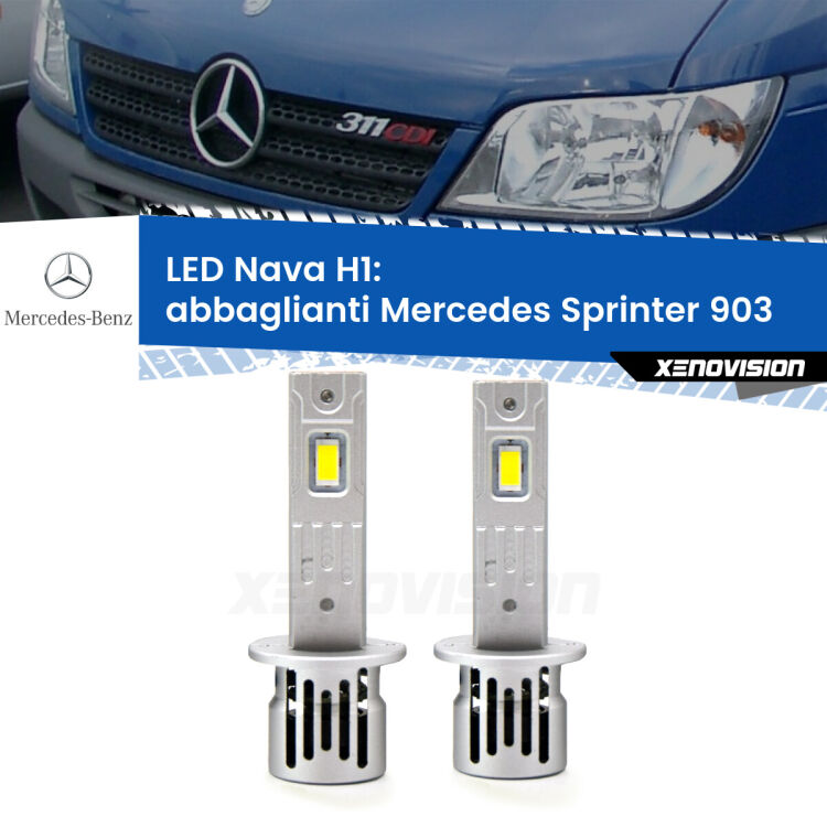 <strong>Abbaglianti LED no-spie per Mercedes Sprinter</strong> 903 1995 -2002. Coppia lampade <strong> H1</strong> modello Nava canbus, raffreddate a ventola.