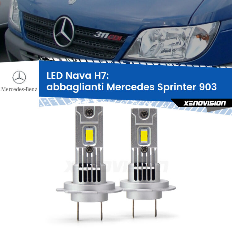 <strong>Abbaglianti LED no-spie per Mercedes Sprinter</strong> 903 2002 -2006. Coppia lampade <strong>H7</strong> modello Nava canbus, raffreddate a ventola.