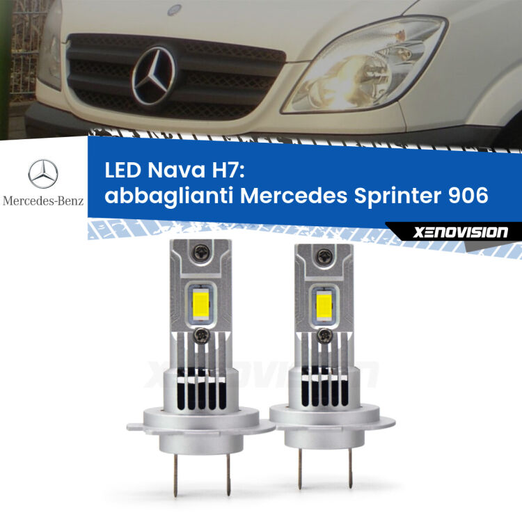 <strong>Abbaglianti LED no-spie per Mercedes Sprinter</strong> 906 2006 -2018. Coppia lampade <strong>H7</strong> modello Nava canbus, raffreddate a ventola.