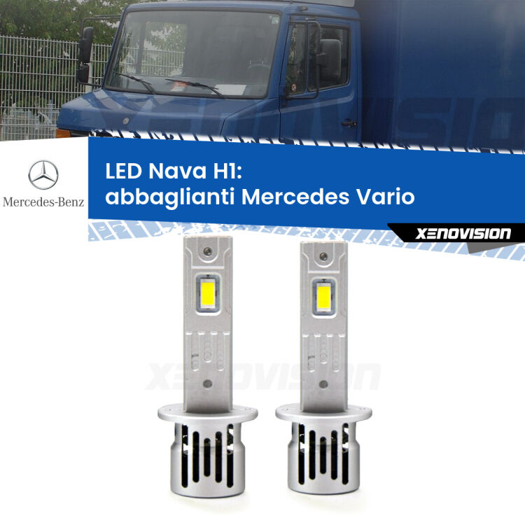 <strong>Abbaglianti LED no-spie per Mercedes Vario</strong>  1996 -2013. Coppia lampade <strong> H1</strong> modello Nava canbus, raffreddate a ventola.