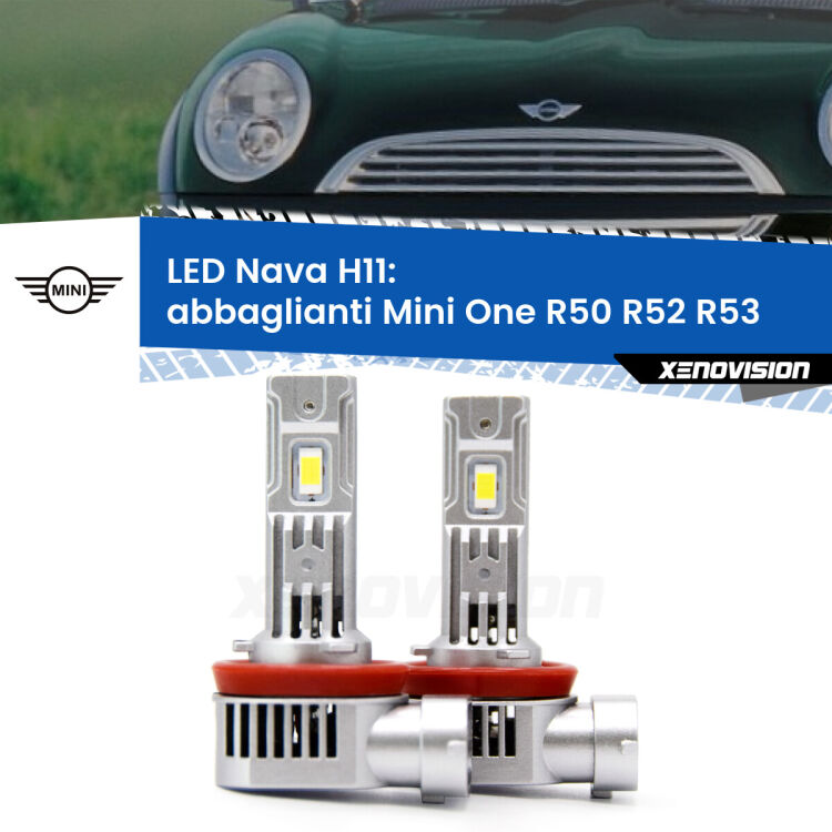 <strong>Abbaglianti LED no-spie per Mini One</strong> R50 R52 R53 con fari Xenon. Coppia lampade <strong>H11</strong> modello Nava canbus, raffreddate a ventola.